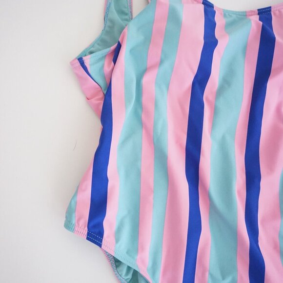 ENVYA Swimwear Pink Teal Stripe One Piece High-Leg Low Scoop Back Swimsuit M - Picture 4 of 12